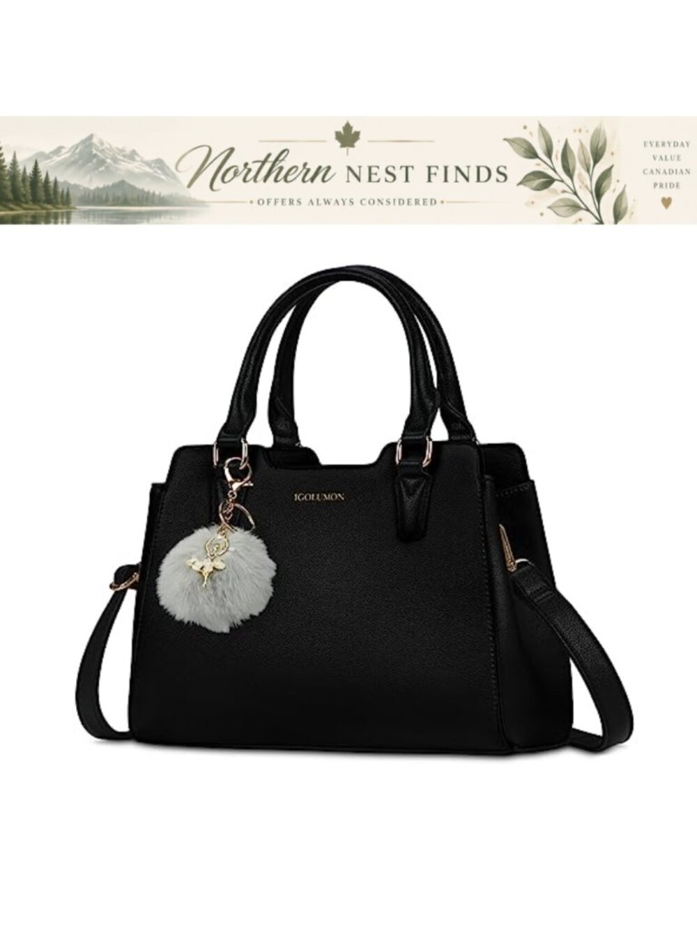 IGOLUMON Lychee Pattern PU Leather Top-Handle Satchel Waterproof Crossbody Purse
